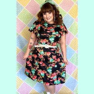 Vintage 1970s black pink mint green floral dress